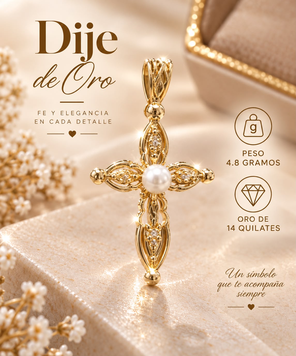 DIJE DE CRUZ Y PERLAS 14K 4.8GR